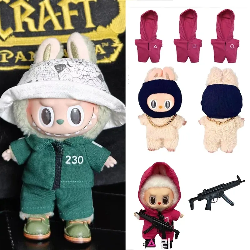 15 17 سنتيمتر ل Labubu دمية مقلد عقد ذهب قناع الزي الملابس المأكولات البحرية لعبة الكورية Kpop المعبود الحبار بذلة سترة الملابس