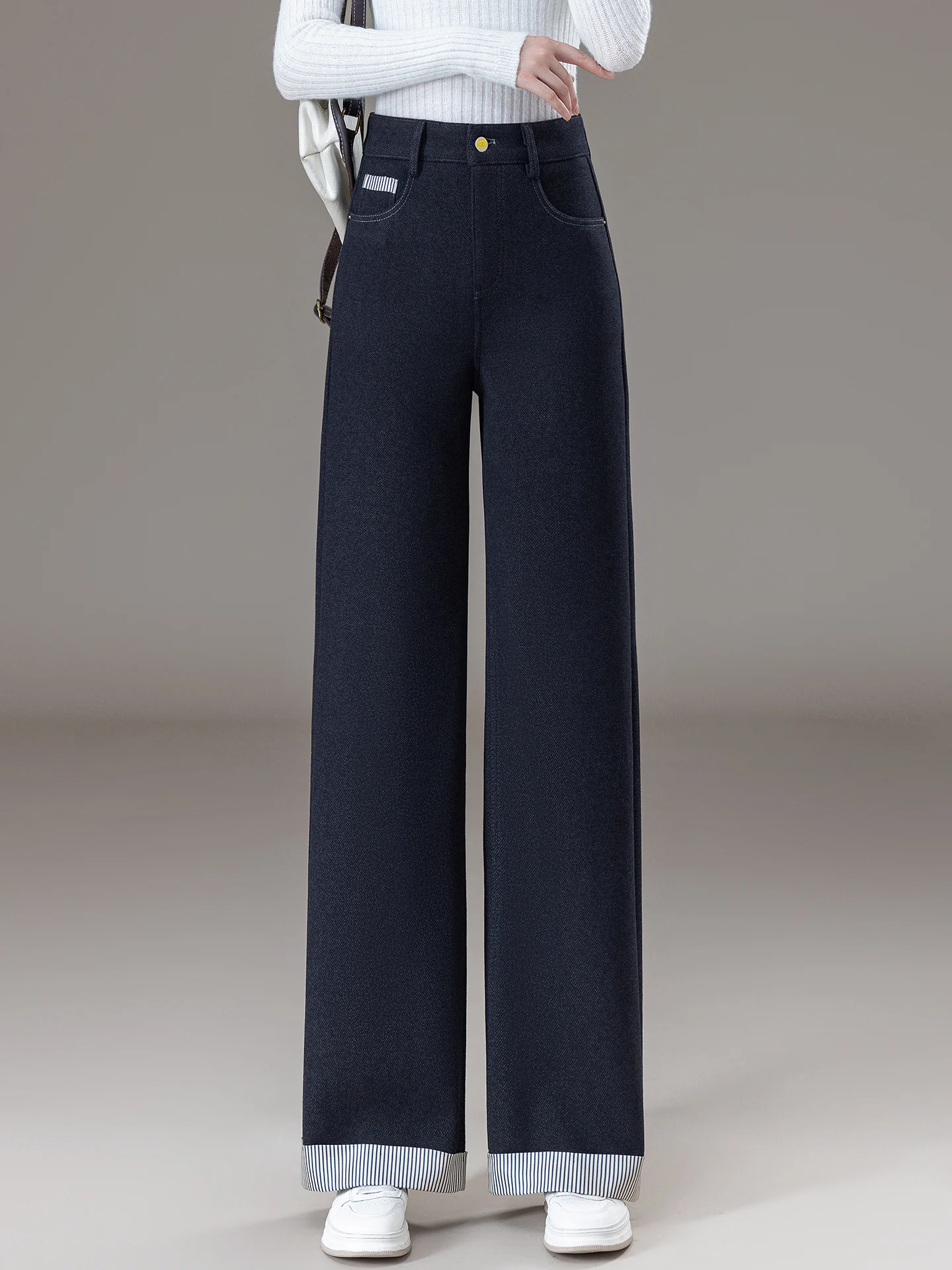 

High Waist Wide Leg Pants Women's Spring Autumn Slimming Casual Straight Cut Jeans Style Cuffed Loose Fit Fashionable