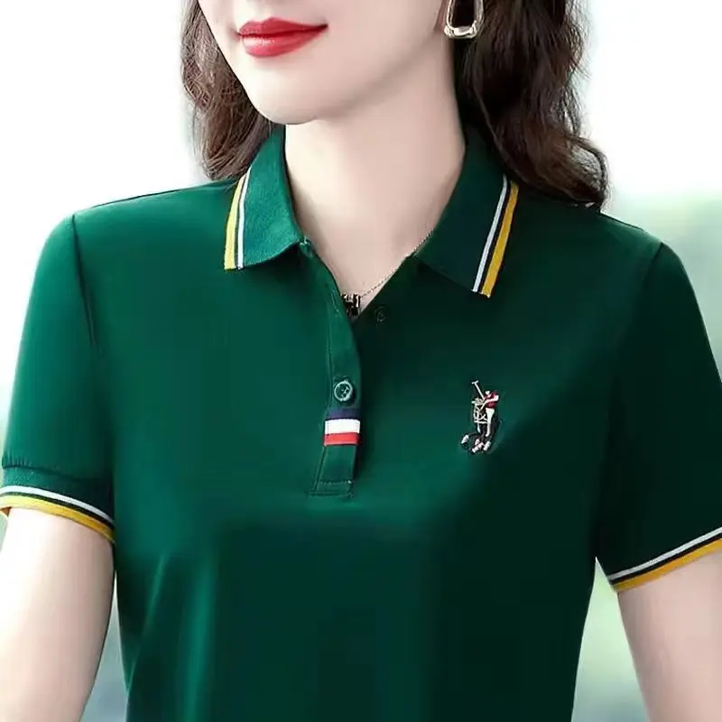 Camiseta de manga curta feminina 2024 nova meia-idade lapela camiseta solta feminina bordado contraste polo camisa