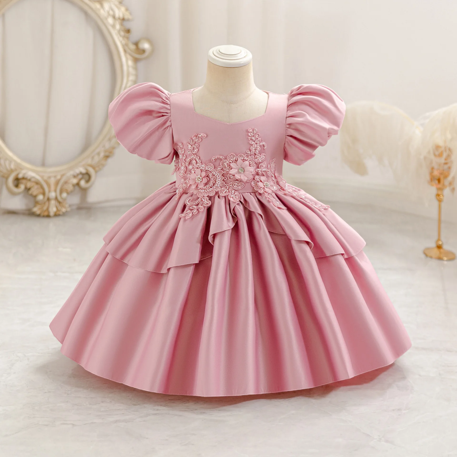 New Children's Evening Dress Flower Applique Puff Sleeves Dress For Baby Girls Baptism Birthday Party Formal Evening Ball Gown