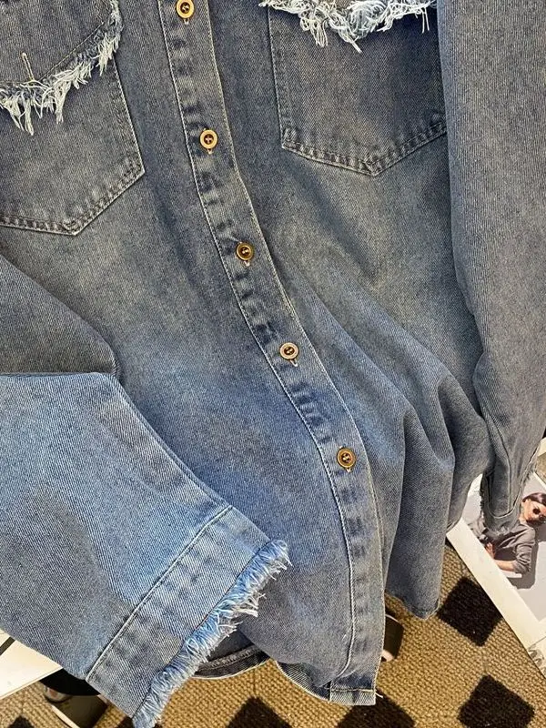 Large Size Vintage Distred Denim irt Jaet Women Loose Lazy Design Sense Top Long Sve Korean Sle Pure Color