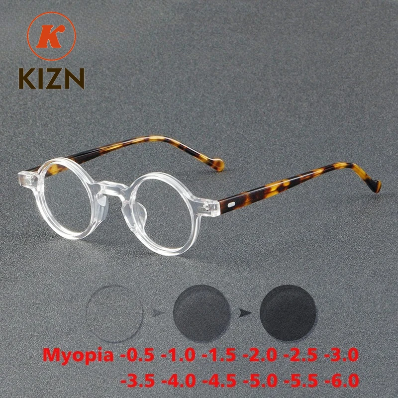 

KIZN Sports Acetate Myopia Glasses Frames Men Small Round Anti-blue Discolor Eyeglasses Women Optical Prescription Eyewear -0.5