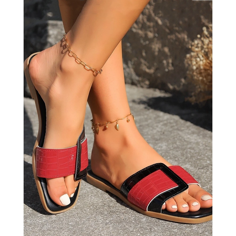 Summer Colorblock Stone Pattern Wide Strap Beach Slippers Women Casual Flats Outdoor Shoes Femme Going Out Peep Toe Summer Flats