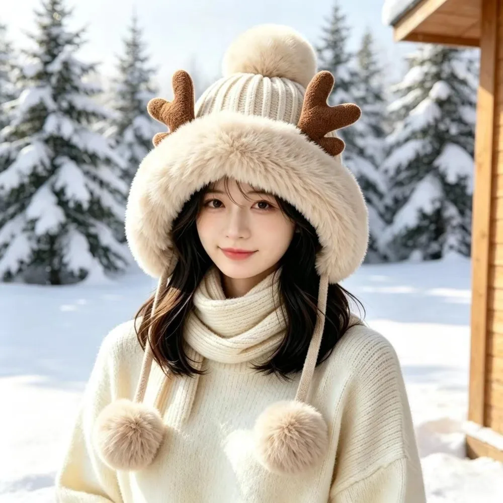 Cute Thick Knit Trapper Hat Warm Insulation Pom-Pom Detail Winter Hat Deer Antler Design Pom-Pom Beanie Cold Weather