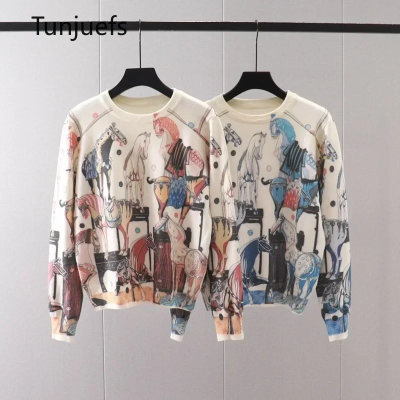 Y2k Women Clothing Sales Horse Print Women's Sweaters outerwears Pullovers Long Sleeve Jumper Knit Tops feamel clothing Winter