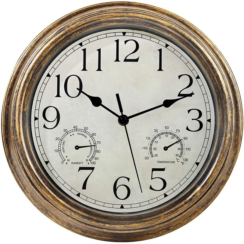 

12inch Wall Clock,Retro Waterproof Clock with Displays Thermometer&Hygrometer,Noise-Free Clock for Indoor/Outdoor