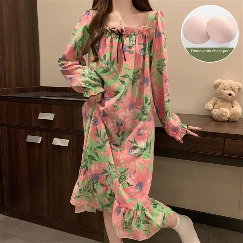 Women Puff Long Sleeve Square Neck Bow Sleep Dress with Removable Padding French Floral Print Ruffle Victorian Nightgown