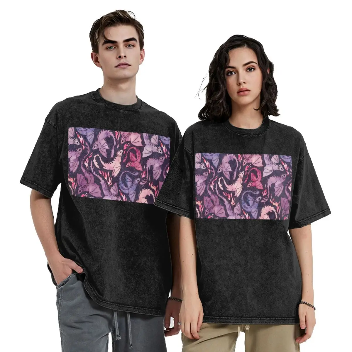 

Dragon Fire Dark Pink Purple Hip Hop Short Sleeve T-Shirts Washed Tops Tees Streetwear T Shirt Harajuku for Men Women