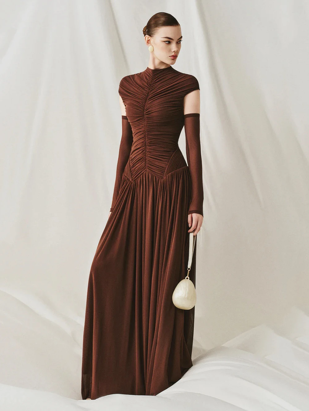 Modphy Solid Slim Fit Maxi Dress Elegant O-neck Detachable Long Sleeves Party Dress New Temperament Pleated Women Maxi Dresses