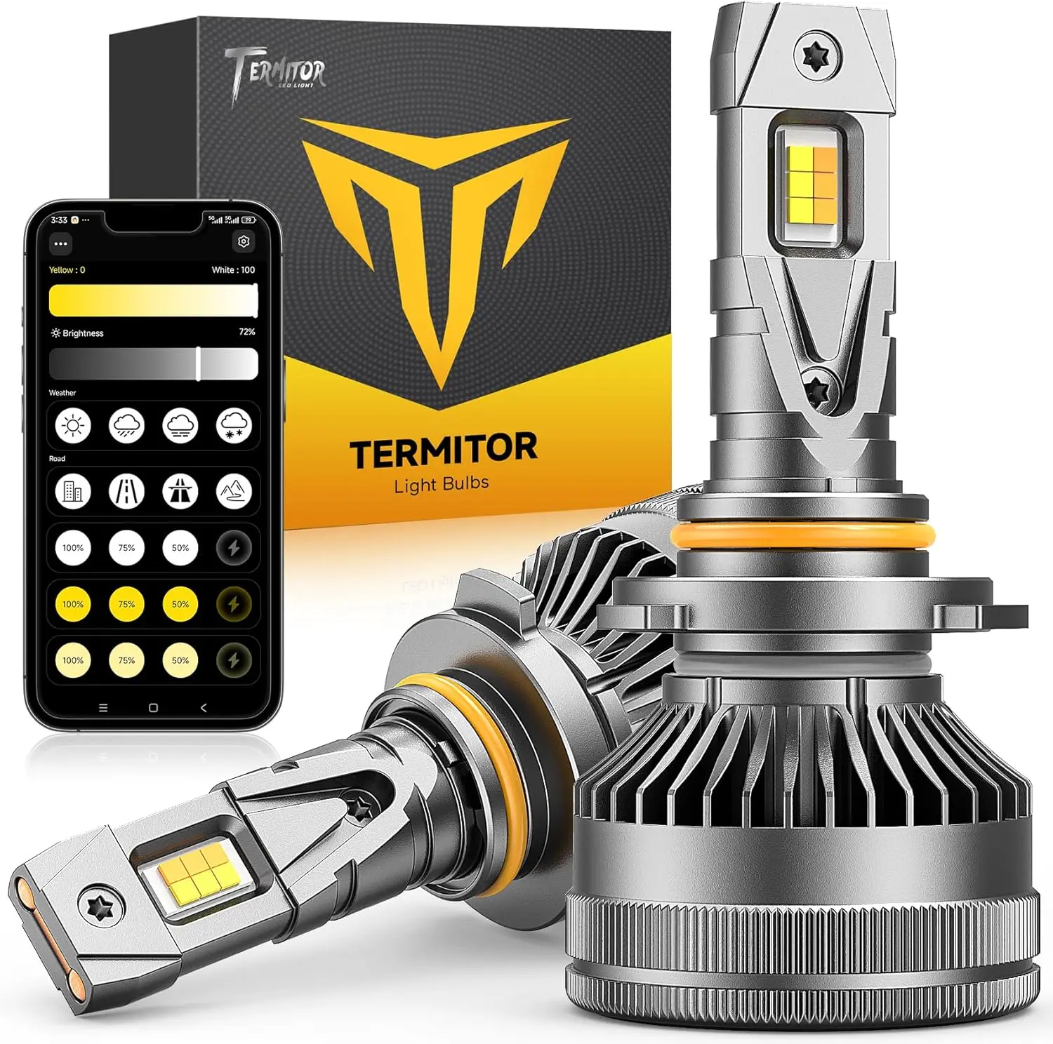 

2PCS 9005 LED Headlight CANBUS CAR Light Bulb,75000LM App-Controlled Dimming &Color Temperature,3000K to 6500K HB3 for Bluetooth