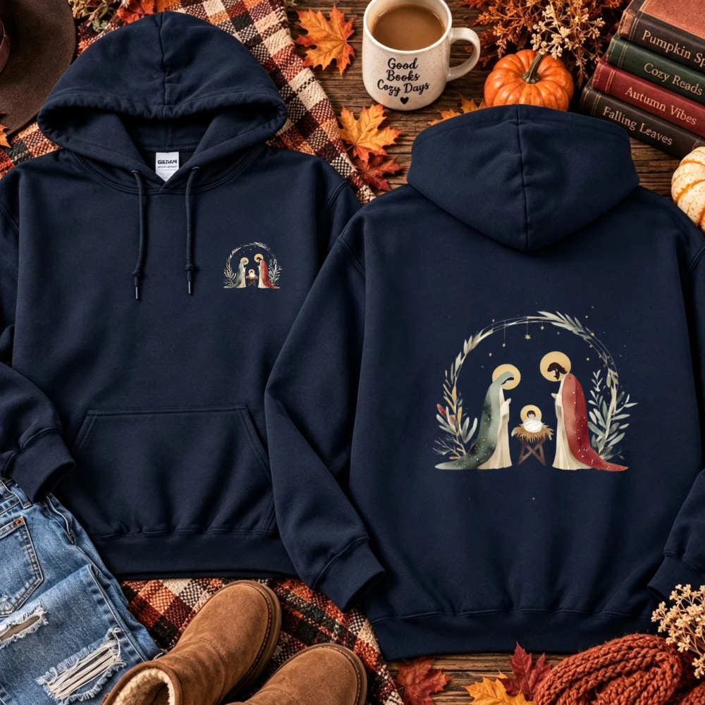 Vintage Nativity Scene Hoodie Christian Christmas Jesus Mary Joseph Holy Family Floral Wreath Double Sided Print Unisex Pullover