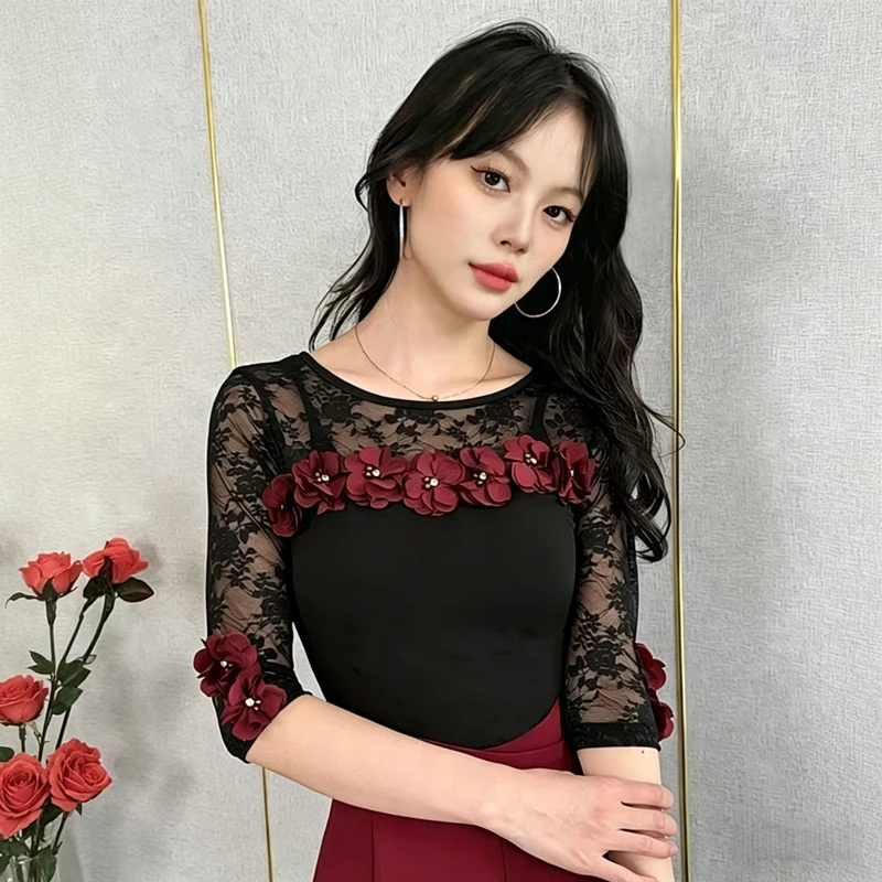 

Latin Dance Tops For Women' New Lace Mid-sleeves National Standard Dance Clothes Three-dimensional Floral Modern Dance Clothes