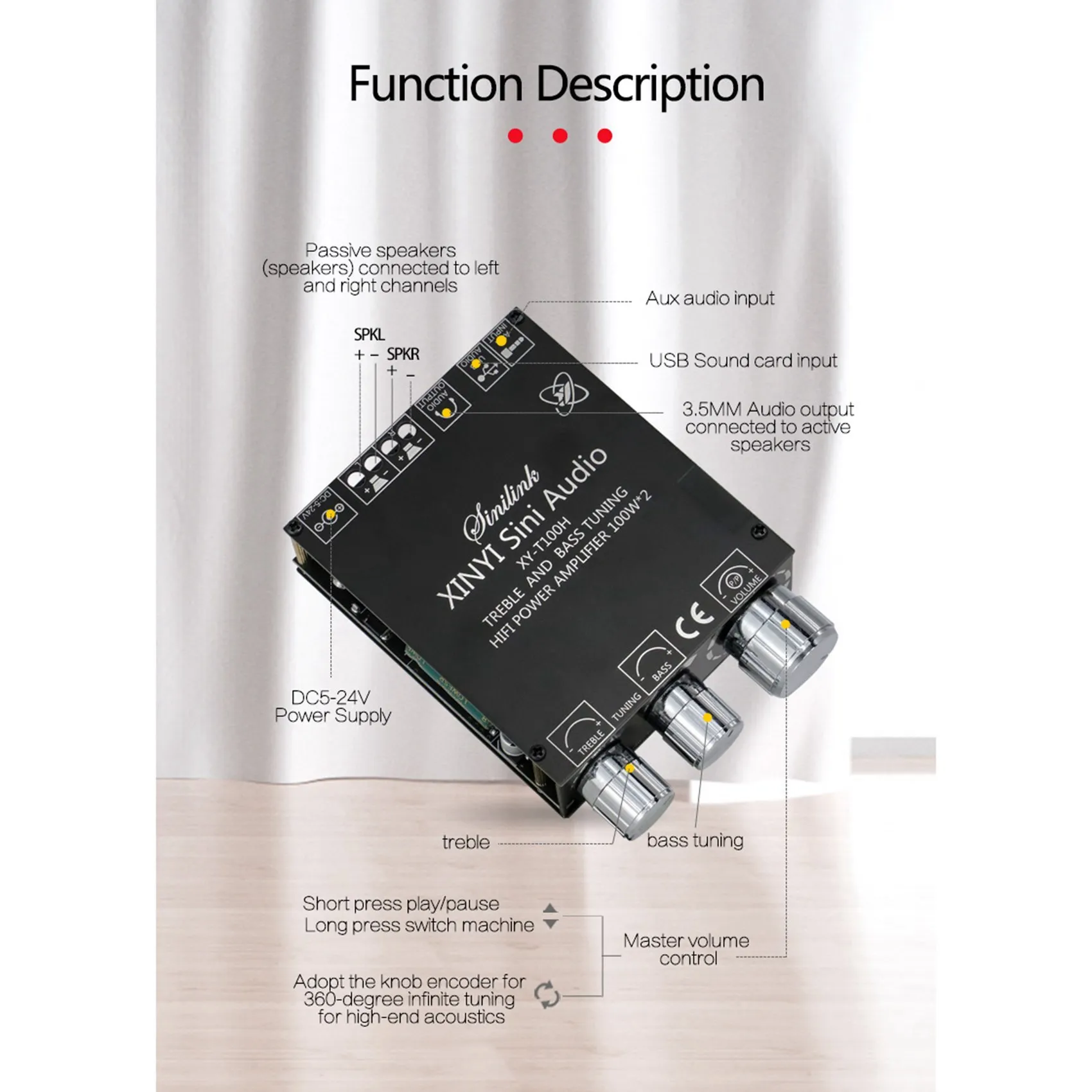 A69Z Bluetooth 5.0 TPA3116D2 Module High Bass Adjustment Stereo Digital Amplifier Board Module 100Wx2 Amplifier XY-T100H