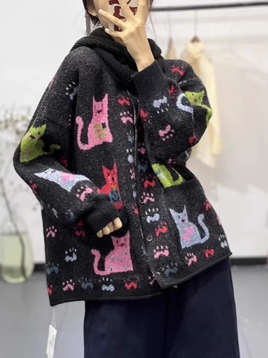 

Warm Knitted Sweater Coat Women's Loose Fit Cartoon Print Personality Tagless Winter Outerwear Comfortable Breathable Cardigan