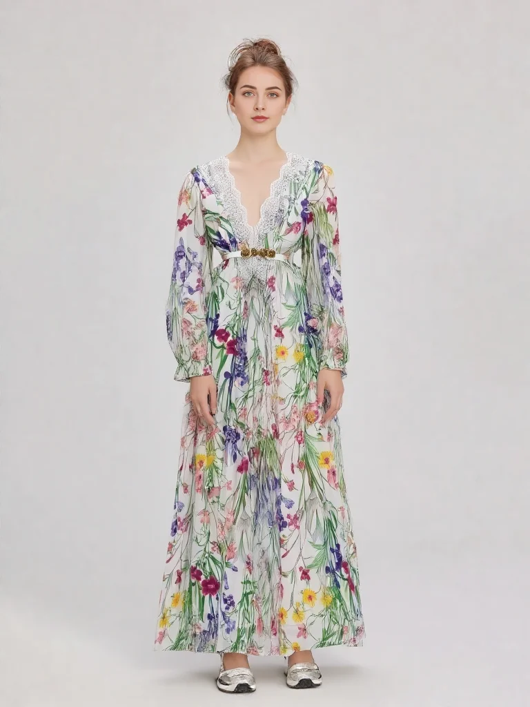 

Women's Floral Print V-Neck Long Dress Casual Beach Robe with Belt Holiday Sweet Lady Dress Elegant Flower Print Vestidos Mujer
