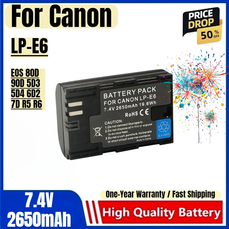 LP-E6 Battery 7.4V 2650mAh Rechargeable Batteries and Charger for Canon EOS 80D 90D 5D3 5D4 6D2 7D R5 R6 Camera Battery