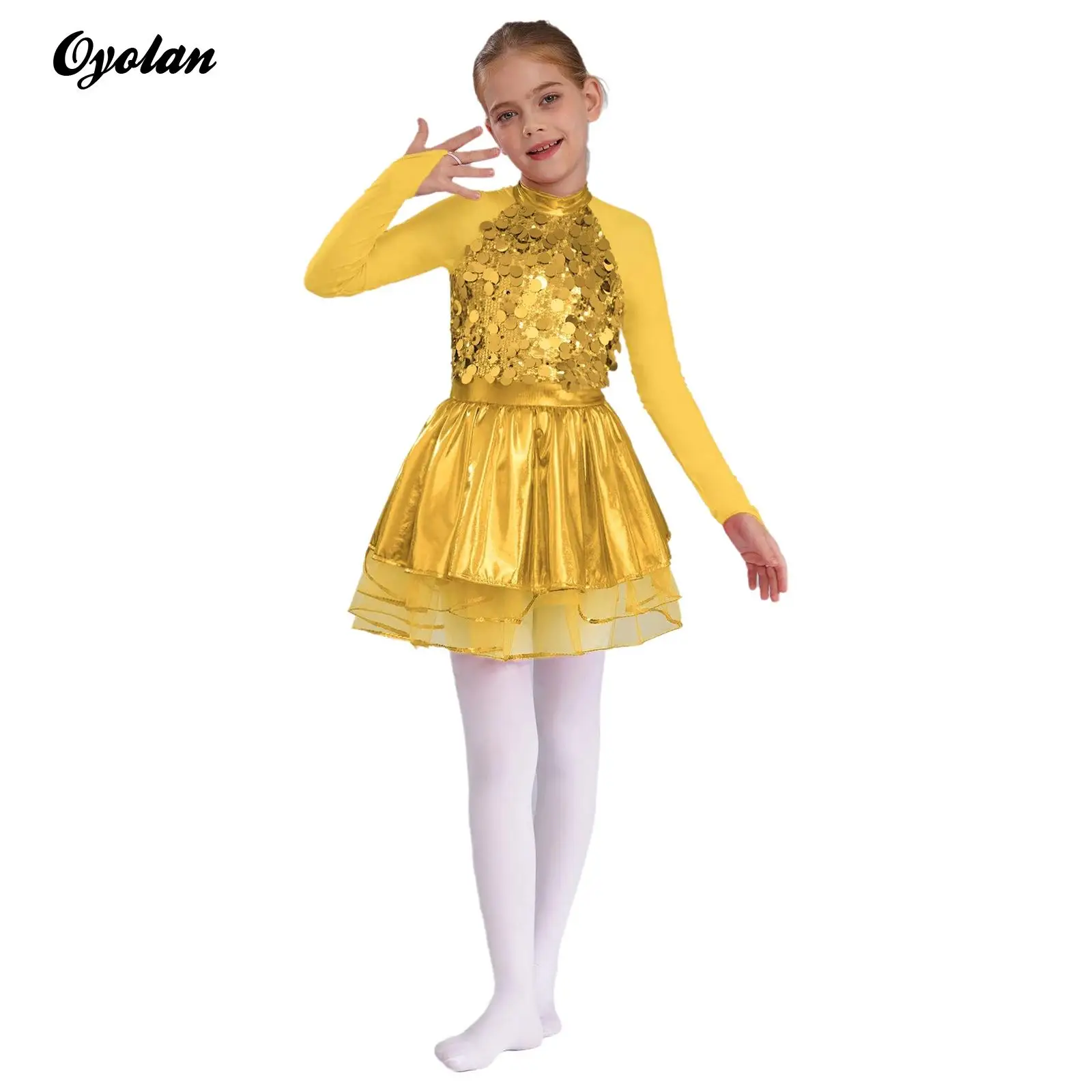 

Kids Girls Gymnastics Skating Ballet Leotards Dress Sequins Metallic Sheer Mesh Tutu Dresses Jazz Dance Performance Costume