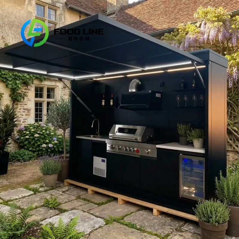 OEM Corrosion Preventive Stainless Steel Outdoor Kitchen Shed for Villa Modern Design Outdoor Kitchen with Closable Shed