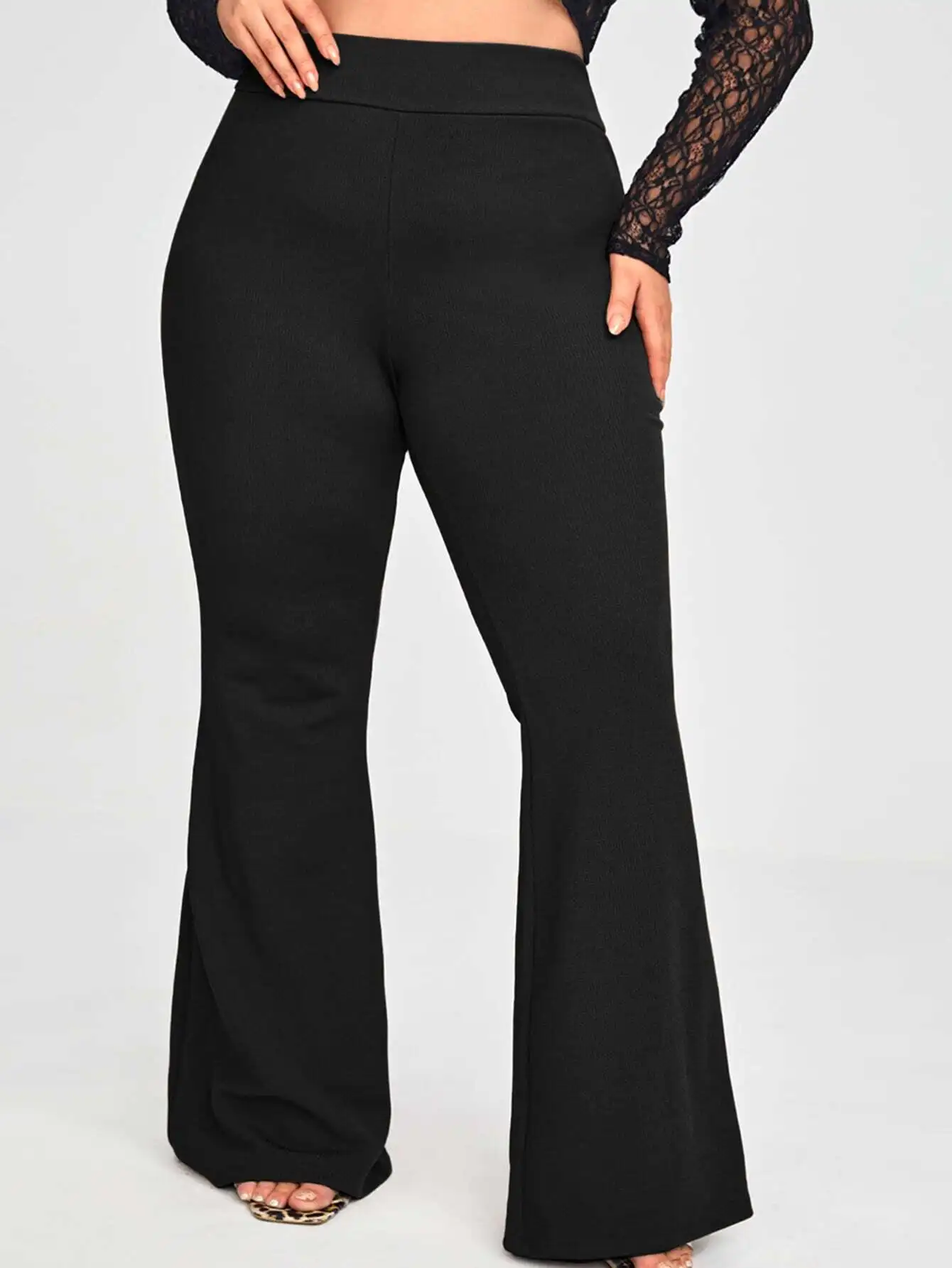 

Plus Size High Waist Flared Pants with Ribbed Knit Fabric