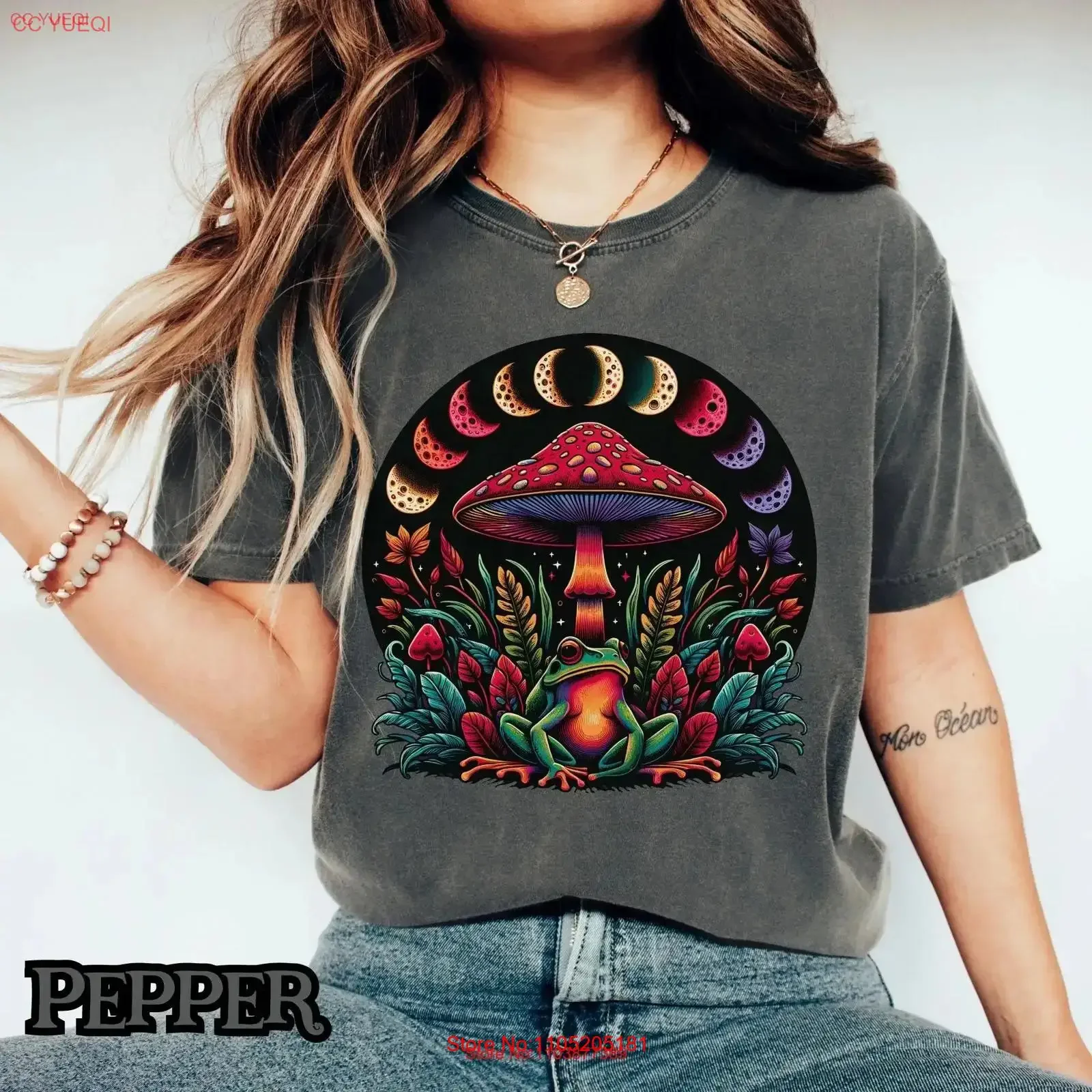 Frog Mushroom Moon Phases Garment Dyed T shirt Cottagecore Aesthetic Vintage vintage Washed fashion Soft Slightly