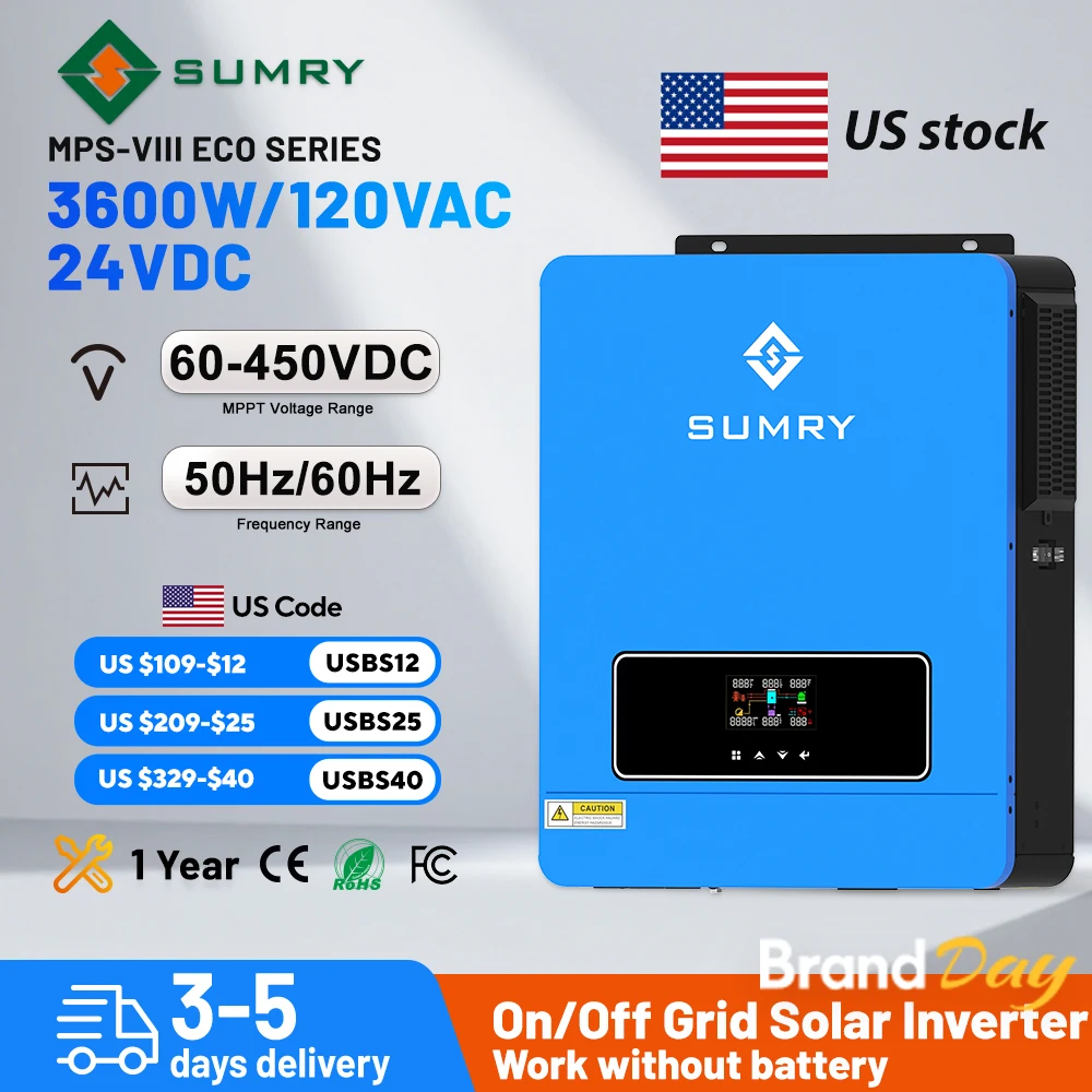 Sumry 3.6kw Hybrid Solar Inverter 110 120v 24v Dual Output MPPT 120A 60-450v