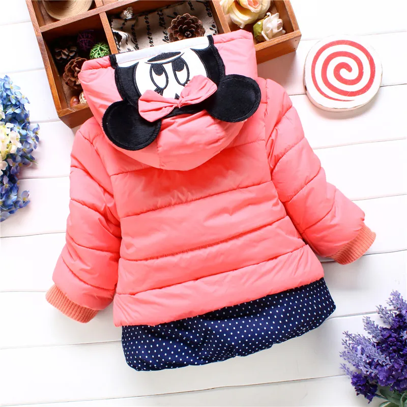 Winter Baby Girl Cotton Coat Color Blocked Single Breasted Hooded Cotton Coat Cute Cartoon Embroidered Cotton Jacket