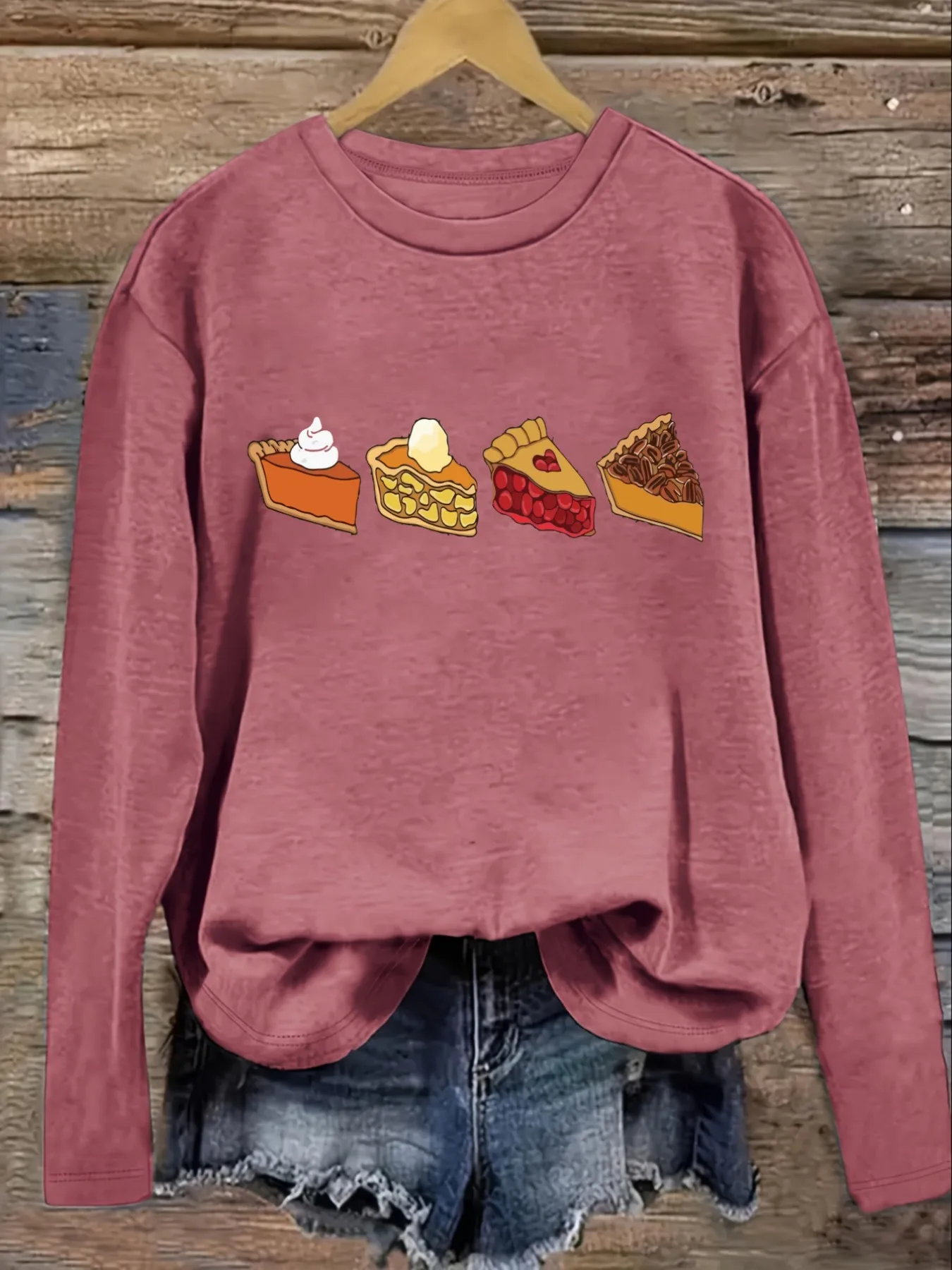 Women's Casual Long Sleeve Crew Neck T-Shirt Four Pie Slices Printed Design Design, Round Neck Women's Clothing, Machine Washable, Slightly Elastic, Loose Fit, Spring Autumn Winter Women's T-Shirt, Halloween Costume Outfit view 3
