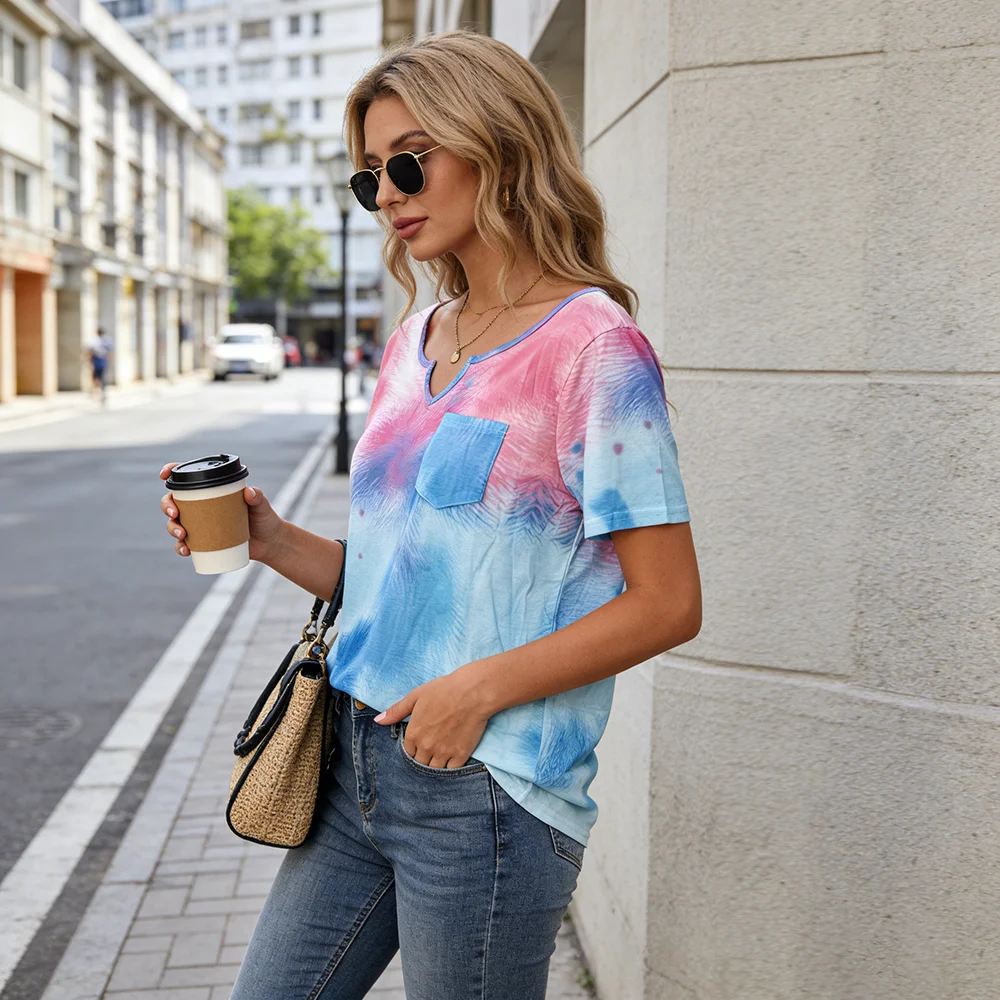 Pink Blue Tie Dye V-Neck Tee - Aesthetic Pastel Pocket Short Sleeve Shirt for Women