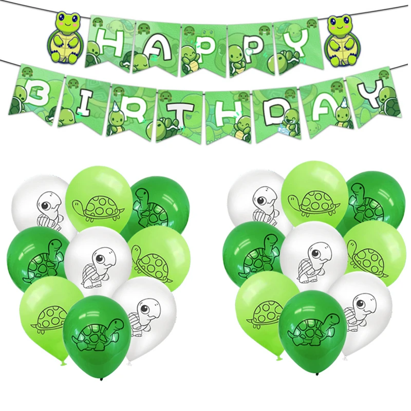 Image of Cartoon Grüne Schildkröte Geburtstag Dekoration Schöne Schildkröte Luftballons Banner Kuchen Dekor Kinder Jungen Mädchen Glückliche Schildkröte Geburtstag Ballon