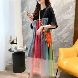 2025 Summer Daily Dress Women Casual Rainbow Mesh Stitching Short-sleeved Long Dresses Street Fashion Clothes Holiday Wear
