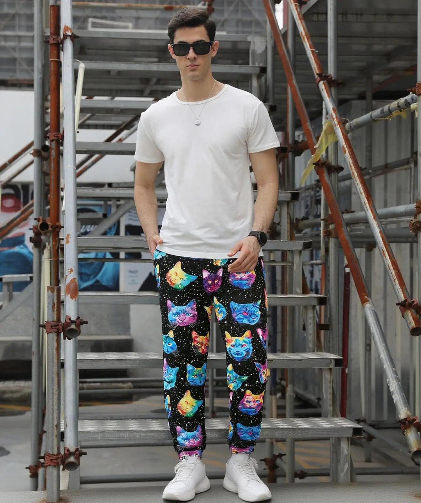 2026 Unisex Couple Starry Sky Colorful Cat Head Sweatpants 3D Starry Sky Kitten Sweatpants Hip Hop Street Style Sweatpants