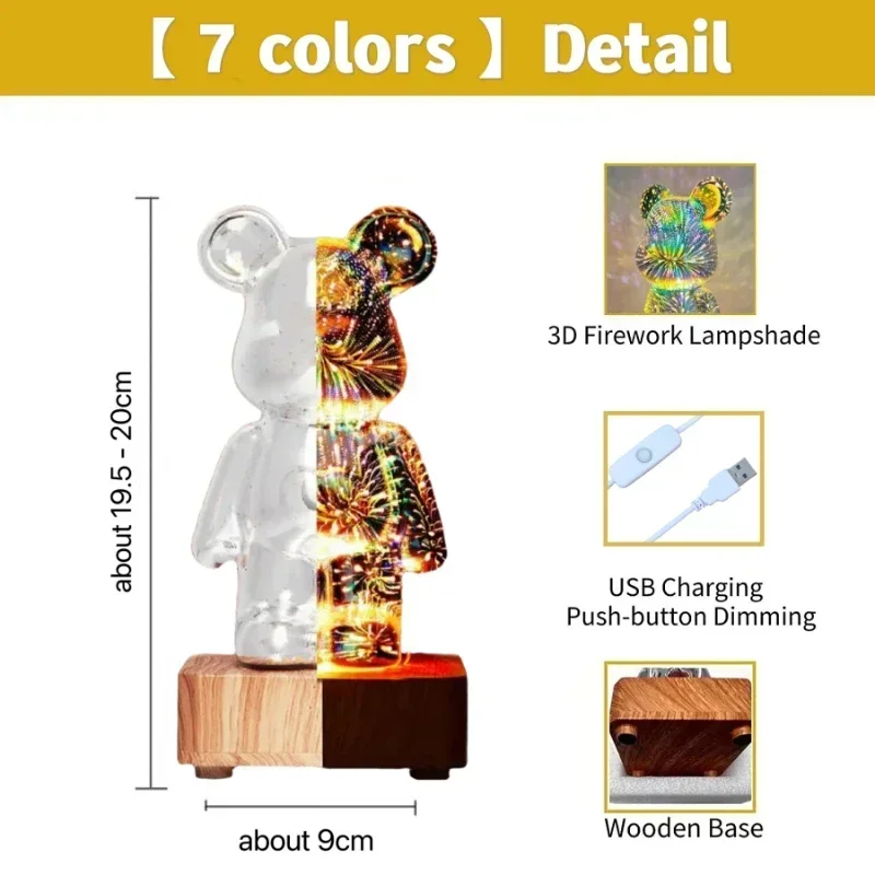 3D Fireworks Bear Night Light Desk Decoration USB Plug Led Table Lamp Korea Atmosphere Cute Colorful Home Decor Room Projection