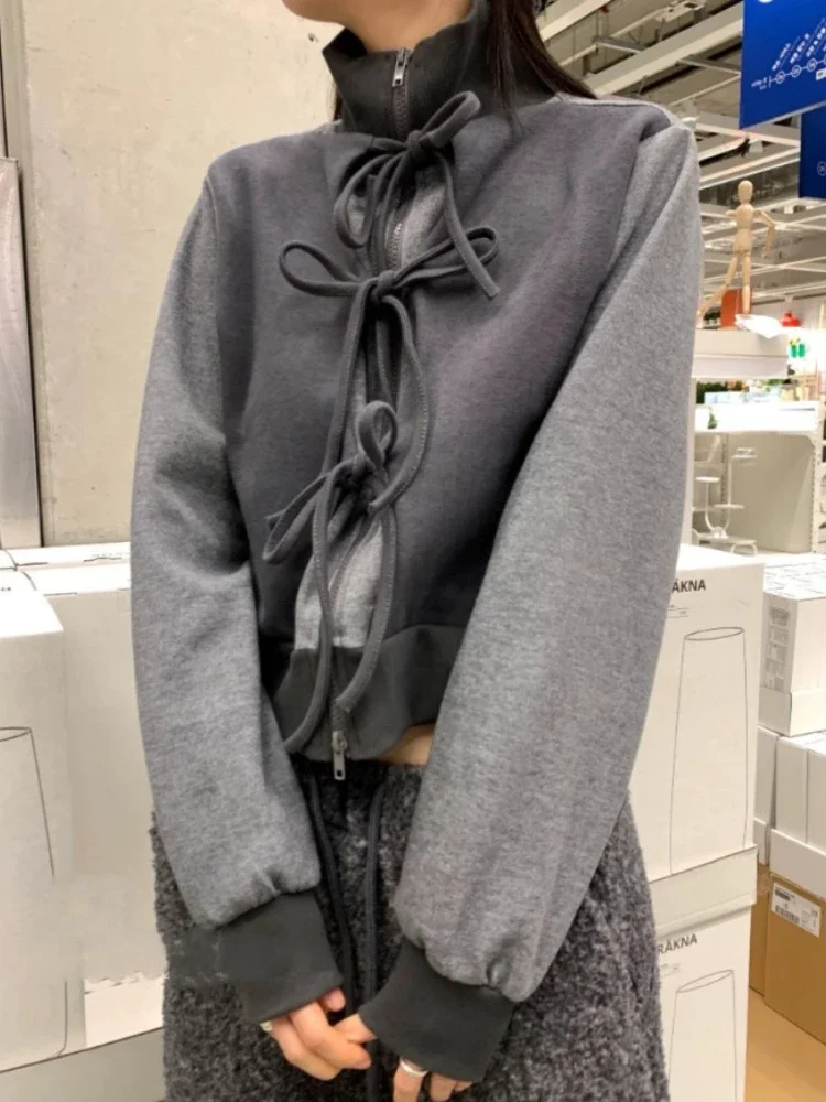 

Solid Casual Y2k Cuteore Hoodies Women Korean Style Vintage Elegant Sweet Bow Bandage Patchwork Zipper Sweatshirt Streetwear