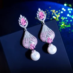 CWWZircons Luxury Chunky Pink Cubic Zirconia Pave Long Dangle Drop Pearl Huggie Earrings for Women Festival Party Jewelry CZ976