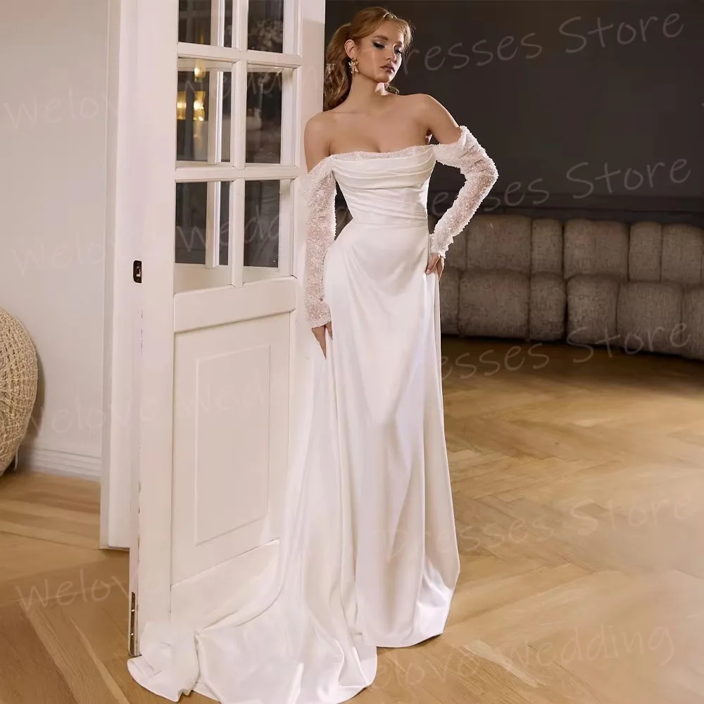

Charming Women's Wedding Dresses Off Shoulder Lace Robe De Mariée Customized Long Sleeve Backless Bride Gowns Vestido De Novia