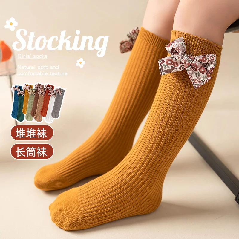 Vintage Countryside Camo Floral Solid Color Stockings For Spring Girls Decorated With Cute Big Bow Soft Elastic Breathable Socks