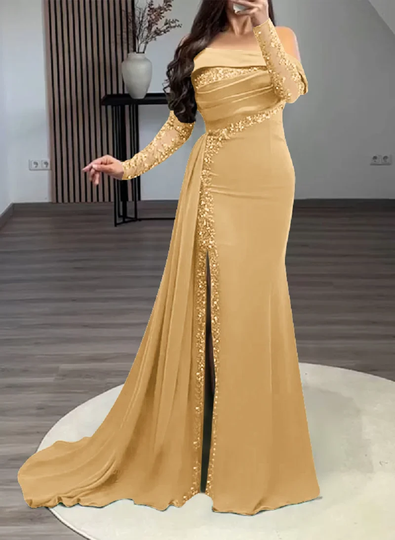 Robe de bal sirène en Satin vert, personnalisée, élégante, manches à paillettes, fente latérale, longueur au sol, bal formel