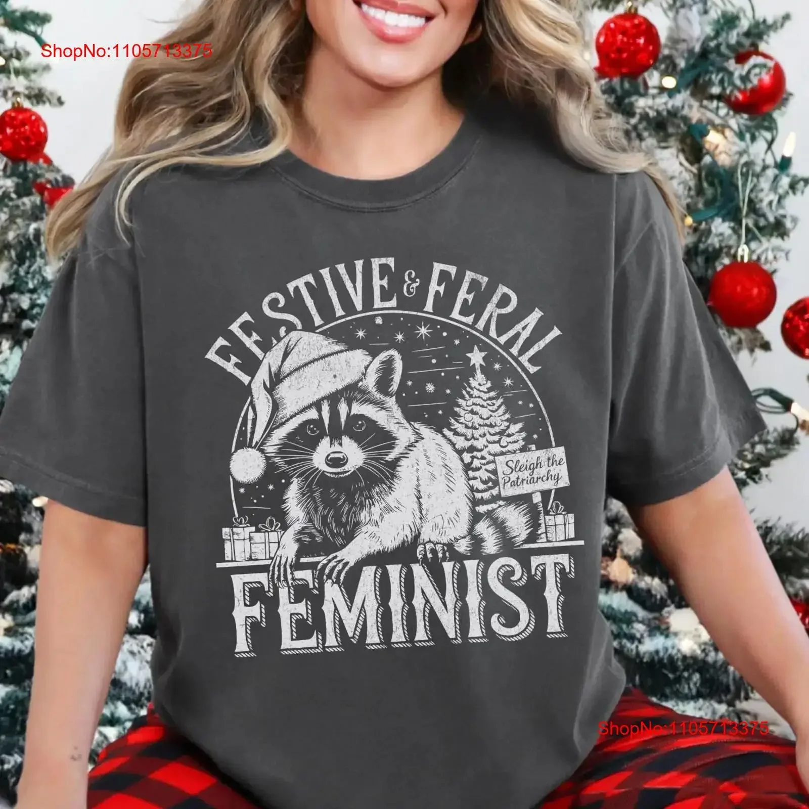 Festive Feral FeminisT T Shirt Funny Christmas Retro Raccoon Sleigh the Patriarchy Empowering Holiday for Her vintage Washed