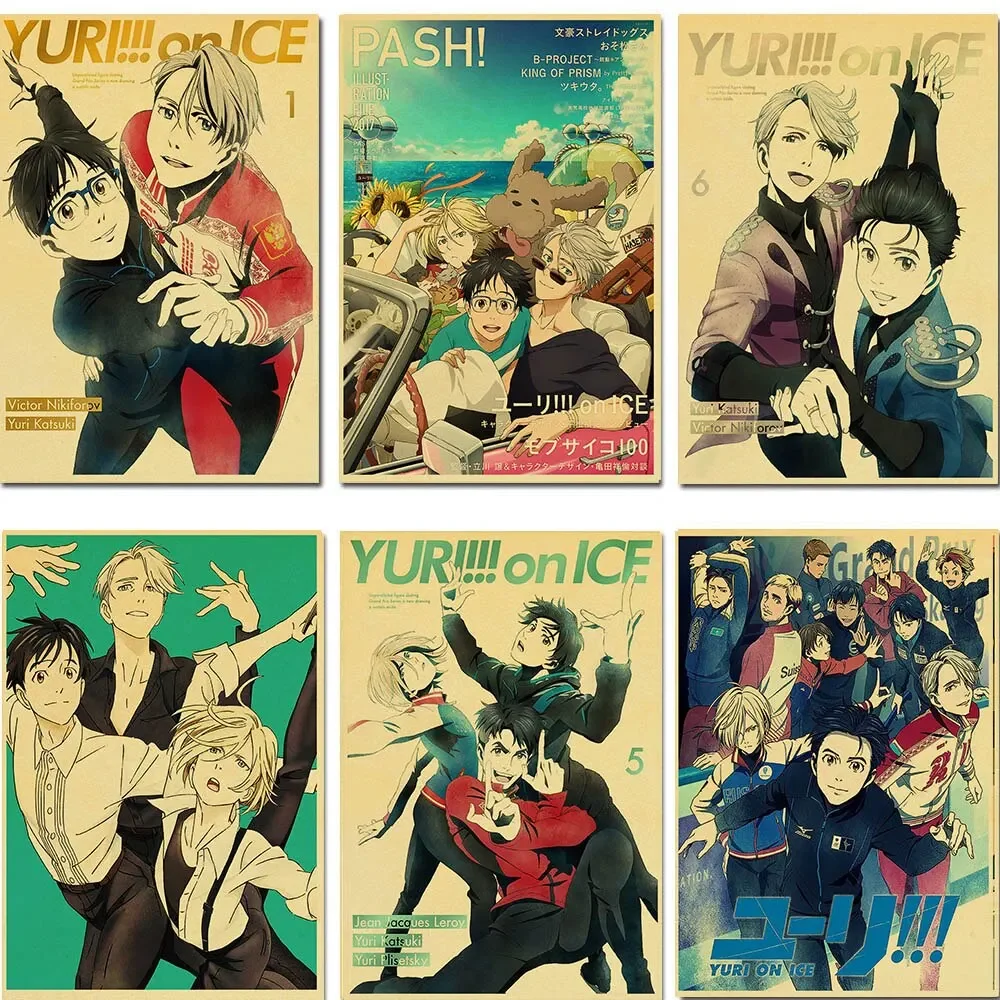 Póster Retro de Anime YURI on ICE, arte de papel Kraft de cómic de dibujos animados japoneses para decoración de pared de habitación o Bar, pegatinas de póster de Anime fo