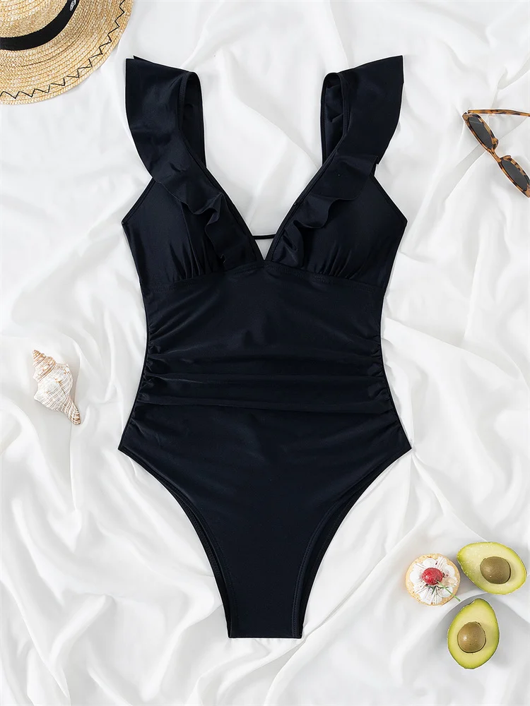 

Women's Swimsuit One Piece V Neck Ruffled Swimwear Sexy Backless Lace Up Monokini Bodysuit Bathing Suit Female Summer Beach Wear