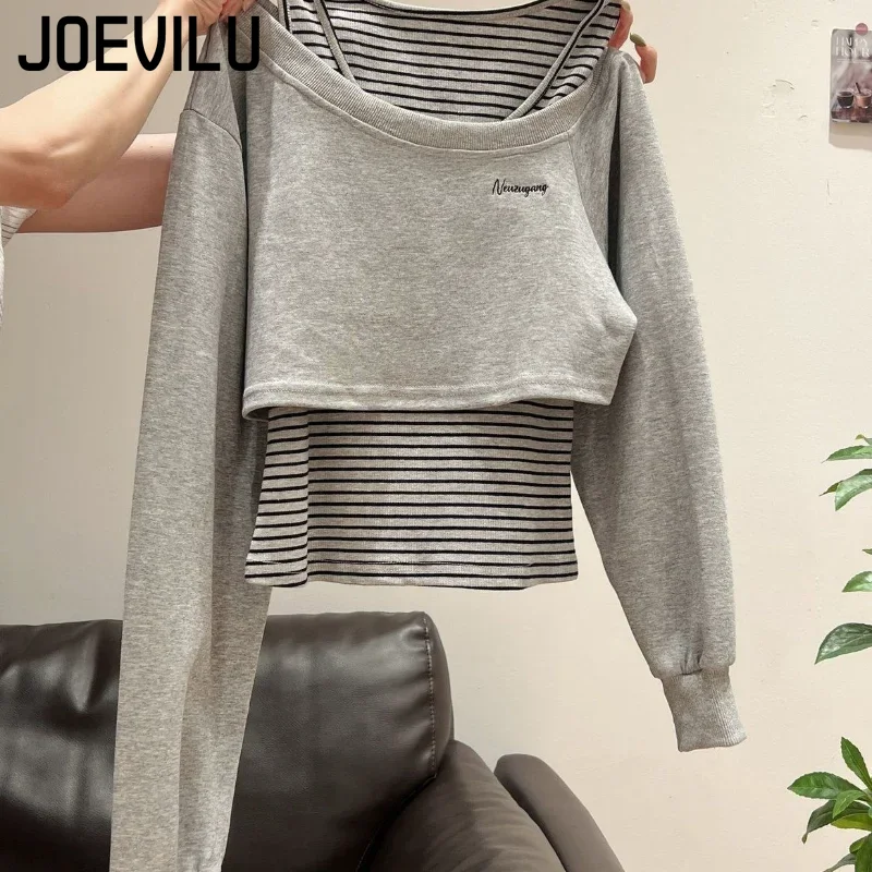 Women's Off Shoulder Pullover Sweatshirt Striped Vest 2 Piece Set Fall Grey Casual Layered Outfit Tops Casual Pullover Clothes