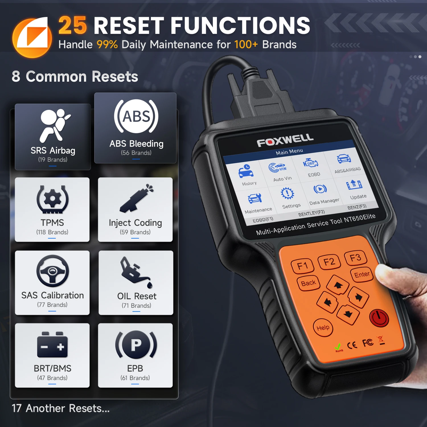 الماسح الضوئي FOXWELL NT650 Elite Obd2 أداة مسح ثنائية الاتجاه كاملة محرك السيارة ABS SRS قارئ رمز التشخيص مع 26 خدمة إعادة الضبط