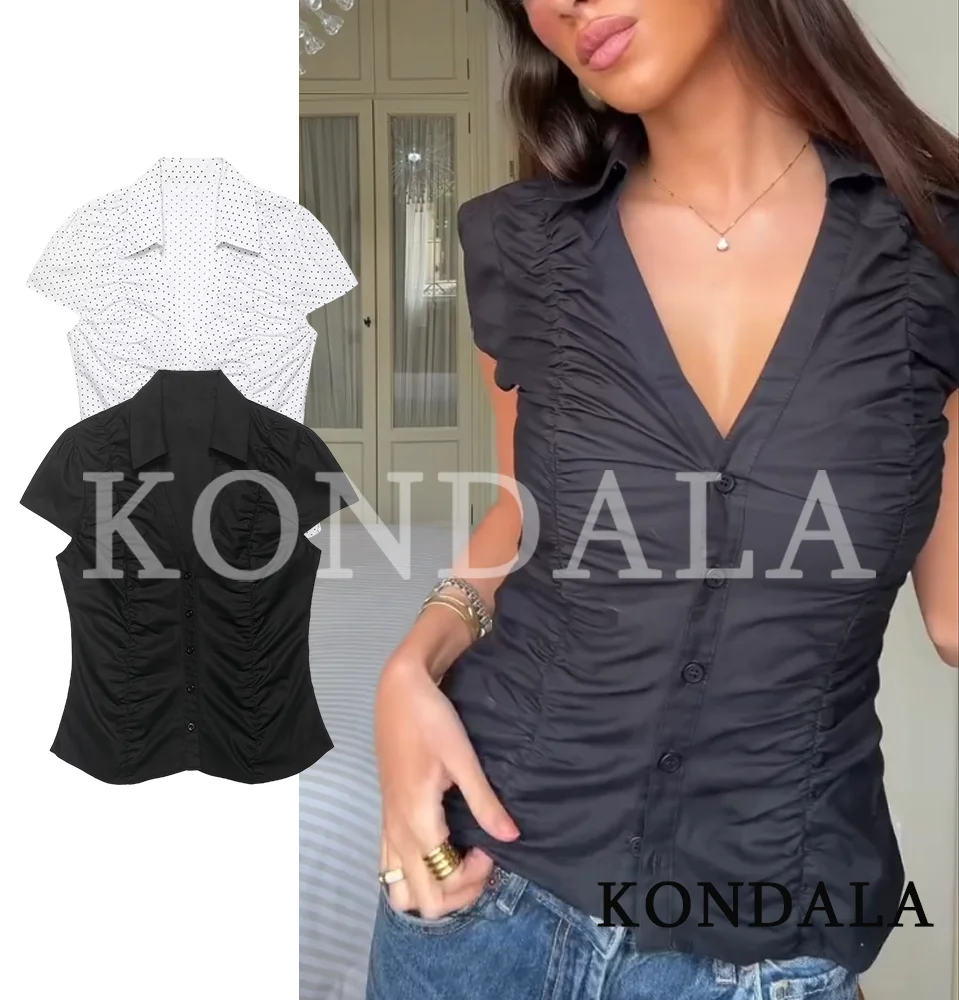 KONDALA Damen Trendige Schlanke Plissierte Hemden 2026 Sommer High-Street-Mode Hemden Elegante Pendler-Kurzarm-V-Ausschnitt-Hemden