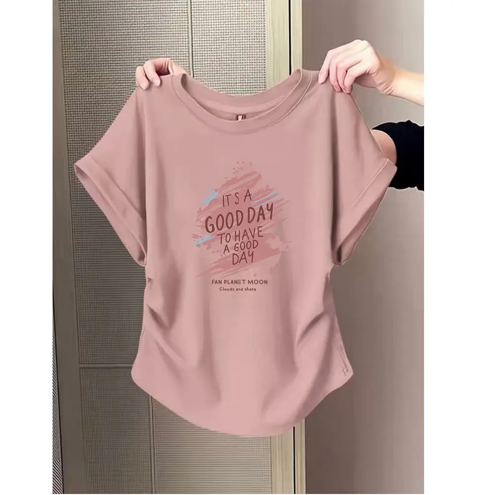 Fashionable Korean Style Women's T-Shirt Short Sleeve Gathered Shoulder Slim Fit Summer New Arrival Printed Commute Style