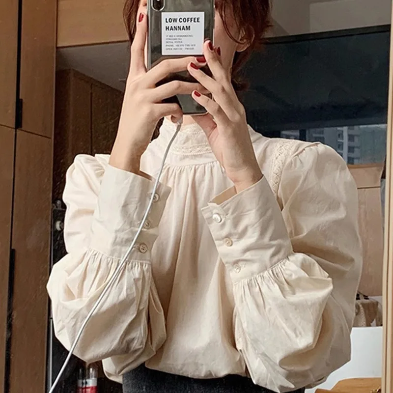 Shirts Women Lace Patchwork Tops Blusas Korean Fashion Puff Sleeve Mock Neck All-match Elegant Temperament Y2k Shirt Mujer Chic