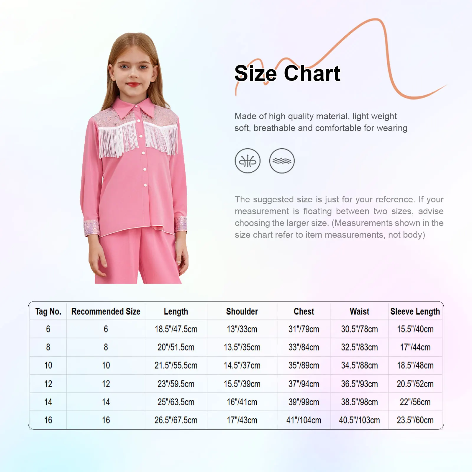 Kids Girls Western Cowgirl Costume Long Sleeves Button-down Shirt Sequins Fringe Shirt Tops Halloween Carnival Cosplay Dress Up