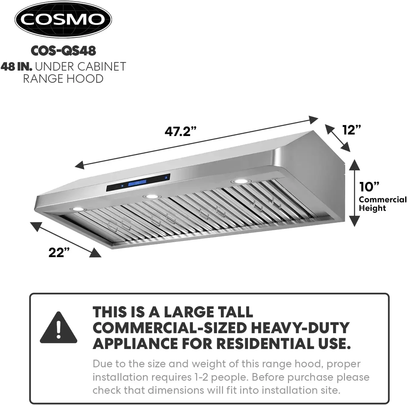 COSMO COS-QS48 48-Zoll-Dunstabzugshaube unter dem Schrank |   500 CFM, kanalisiertes/kanalloses Cabrio (Kit nicht im Lieferumfang enthalten), kabellos