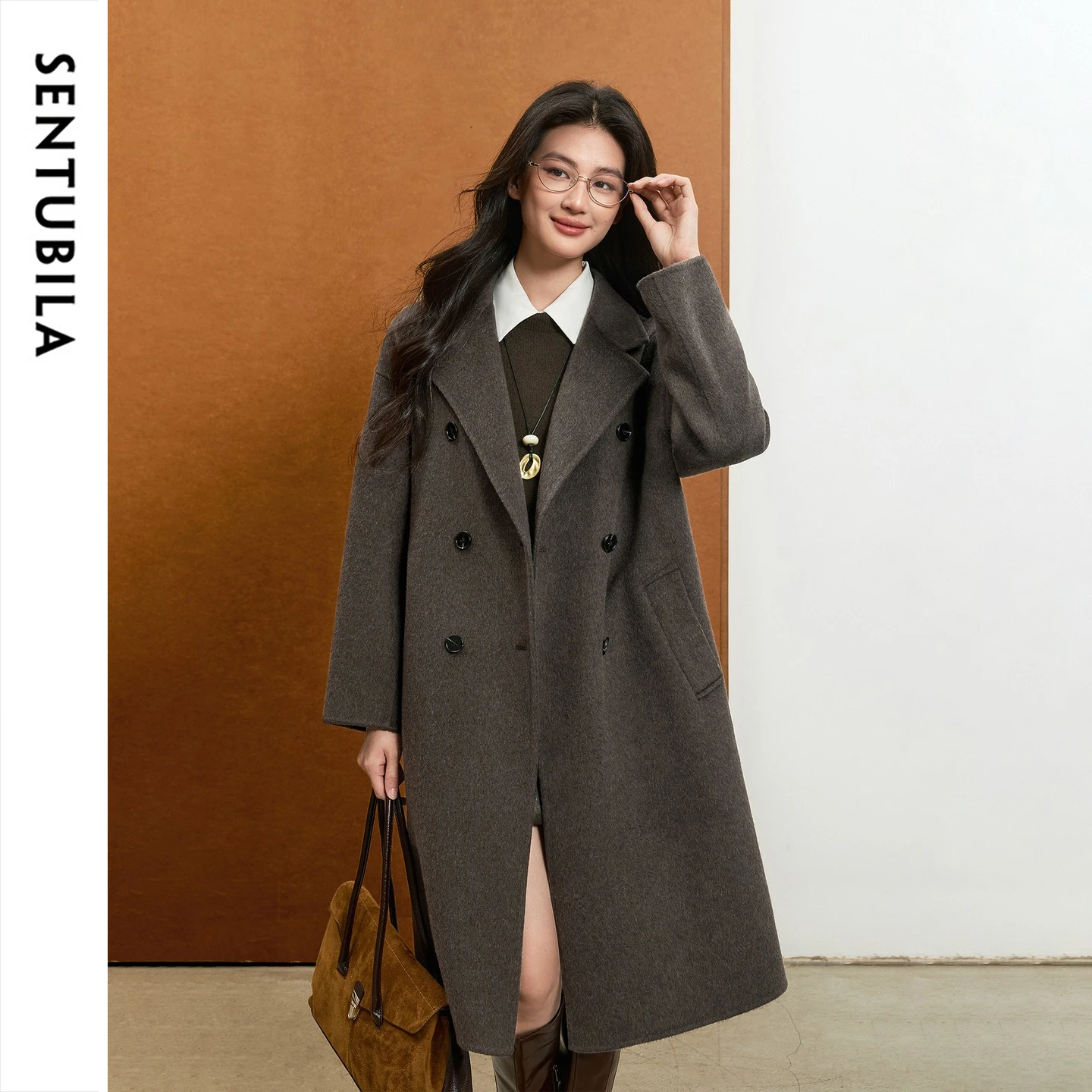 SENTUBILA Women's Winter Woolen Jacket Notched Lapel Straight Loose Double Faced Coat Cashmere Blend Office Overcoat W64OC7670