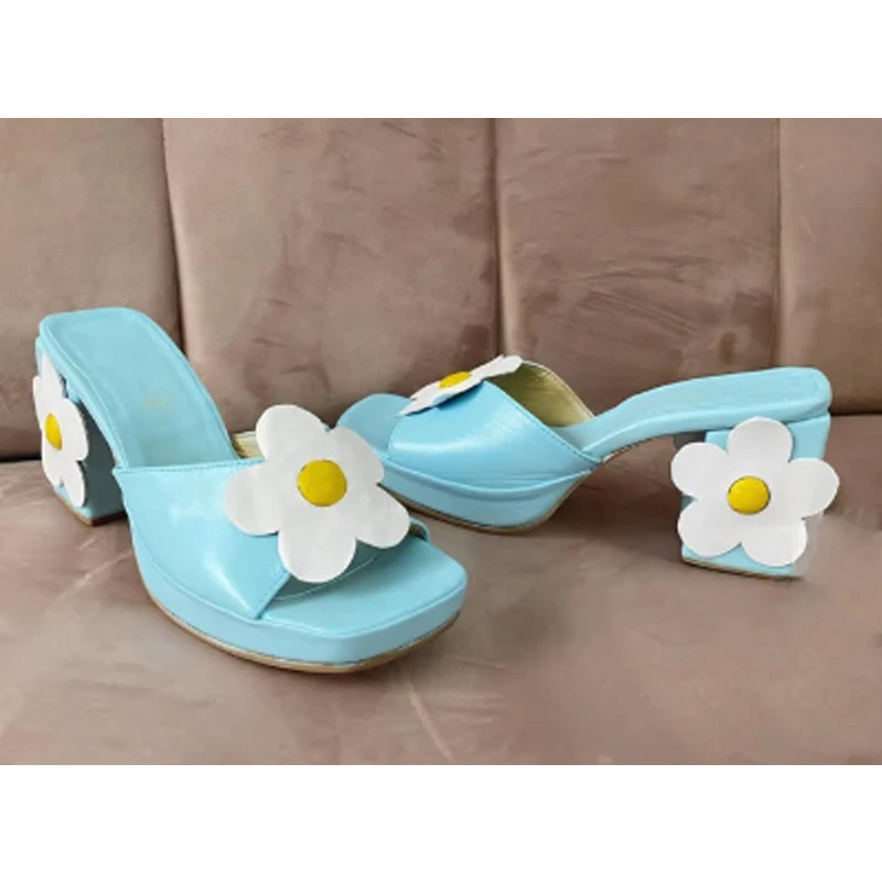 White Peep Toe 3D Purple Flower Shaped Heel Mules Slippers Color Blocking Slip On Block Heel Sandals Summer Party Slide Shoes