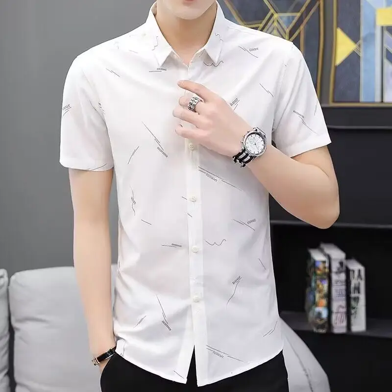 Mens Abstract Line Print Turn Down Collar Single Breasted Short Sleeve Shirt